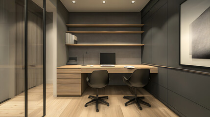 Fototapete - Workplace with wooden desk and two black chairs against of grey wall with shelving rack, interior design of modern scandinavian home office