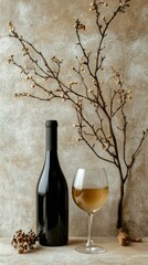 Poster - A dark bottle of wine stands tall next to a beautifully shaped glass filled with golden liquid. Decorated with a slender branch, this rustic arrangement creates a warm ambiance perfect for relaxation
