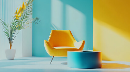 Poster - Yellow chair and blue coffee table against wall with copy space, interior design of modern living room, technology