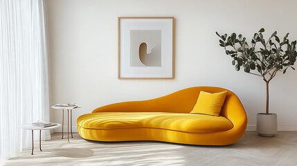 Poster - Yellow curved sofa and accent side table against white wall with poster frame, scandinavian, minimalist interior design of modern living room, home