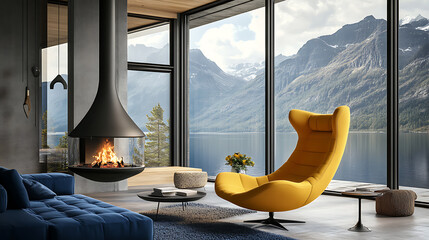 Fototapete - Yellow chair and blue sofa in room with fireplace, scandinavian home interior design of modern living room in house by lake