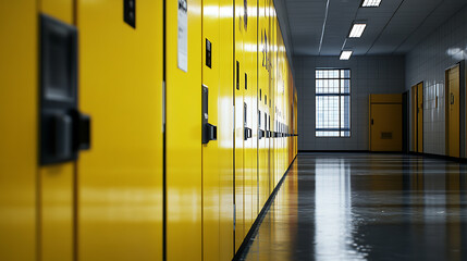 Poster - Yellow lockers line the hallway in an empty school
