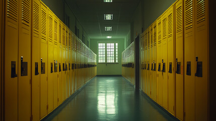 Poster - Yellow lockers line the hallway in an empty school