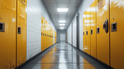 Poster - Yellow lockers with white walls in school hallway