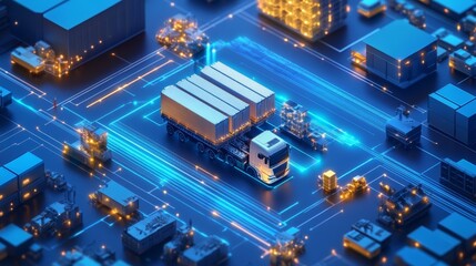 Poster - Innovative freight transport solutions smart logistics hub digital illustration urban environment aerial view future concept