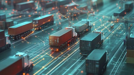 Poster - Efficient freight transport operations at a modern logistics hub urban environment digital art aerial view supply chain innovations