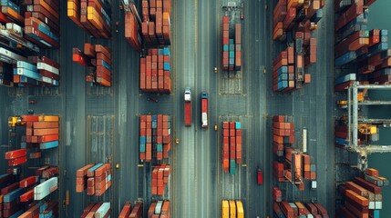 Poster - Container transport action at busy port aerial view industrial environment global trade concept