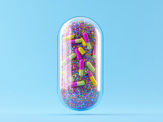Leinwandbilder - Colorful Capsule Filled with Pills and Sprinkles on Blue Background
