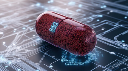 Leinwandbilder - Digital Medicine Red Capsule on Circuit Board