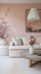 Poster - A serene living room showcases soft pink walls and a comfortable sofa adorned with neutral cushions. Fresh flowers in elegant vases add warmth and charm to the inviting space