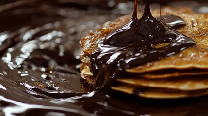 Poster - Close-up of chocolate sauce pouring over a stack of pancakes.