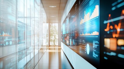 Poster - Modern office hallway with large digital display showing data analytics and graphs.