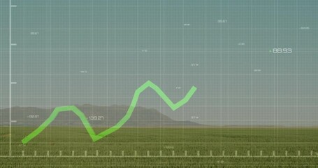 Poster - Green line graph animation over grassy landscape with mountains in background