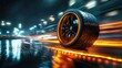 © ShakkBbo9495 - Close up of a fast tire rolling on wet urban pavement