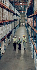 Aufkleber - Group, inspection and quality control in warehouse for logistics, manufacturing and stock management for delivery. Team, people and packaging for freight, supply chain or shipping company in industry