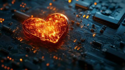 Poster - Glowing heart symbol on a circuit board, representing digital love, technology, or AI.