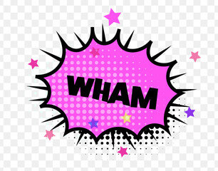 Poster - Bold WHAM text inside jagged pink comic bubble with halftone pattern and stars, evokes energy, impact, fun. Perfect for comic design, kids art, retro pop visuals. Comic pop art vector illustration