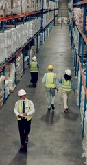 Poster - Factory, people and quality control in warehouse for logistics, manufacturing or stock management for delivery. Staff, inspection and safety for freight, supply chain or shipping company in industry