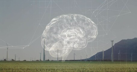 Poster - Digital brain animation over wind turbines in green field landscape