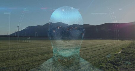 Poster - Digital human head animation over green field with mountains and wind turbines