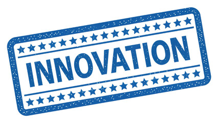 Poster - Innovation stamp design in blue with stars, symbolizing creativity and progress.