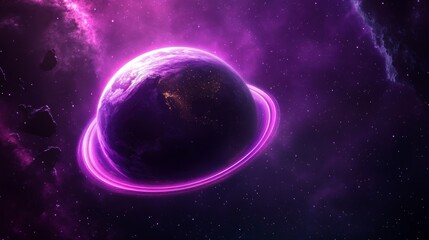 Aufkleber - Purple planet with ring in space, nebula background.