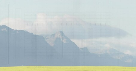 Poster - Mountain landscape with grid lines and data processing animation overlay