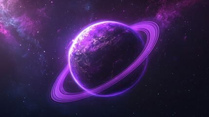 Poster - Glowing purple planet with rings in space.