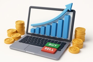 Poster - Financial Growth Visualization: Digital illustration depicting financial growth and investment success, featuring a laptop displaying a rising graph amidst stacks of gold coins and buy/sell buttons.