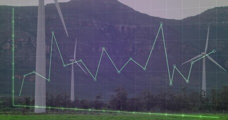 Poster - Animation of wind turbines spinning with fluctuating data graph over mountains