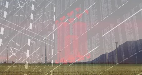 Poster - Digital data and coding animation over rural landscape with mountains