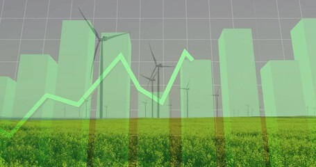 Poster - Wind turbines in field with green graph line over cityscape animation