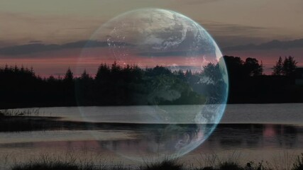 Poster - Earth animation over serene lake landscape with trees and sunset sky