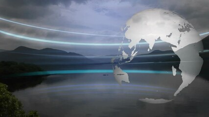 Poster - Globe and data lines animation over serene lake and mountain landscape
