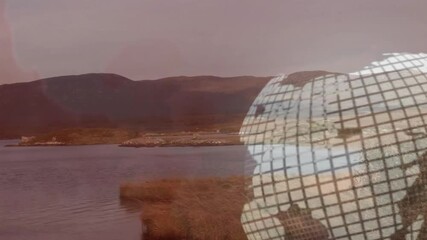 Poster - Animation of grid pattern overlaying serene lake and mountain landscape at dusk