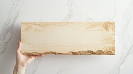 Poster - Hand holding a long, light-colored wooden board with natural, rough edges against a marble background.