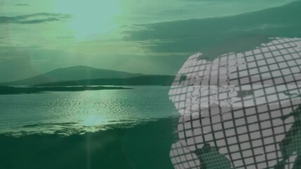 Poster - Digital globe animation over serene lake and mountain landscape at sunset