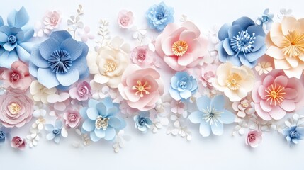 Poster - Pastel paper flowers arranged in a row on a light blue background.