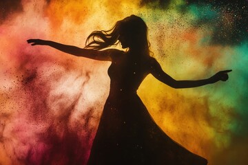 Poster - Silhouette of a beautiful young woman dancing against colorful powder background Colorful explosion of color powder with a silhouette of a dancing woman .