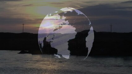 Poster - Digital globe animation appearing over serene river landscape during sunset