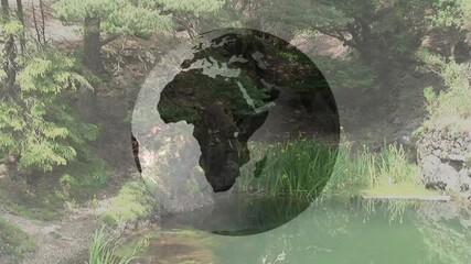 Poster - Animation of Earth silhouette above lush garden pond with tranquil greenery