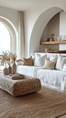 Poster - Nestled by the coast, this serene living space showcases a comfortable white sofa adorned with soft pillows. Natural wicker elements and neutral tones enhance the calming atmosphere