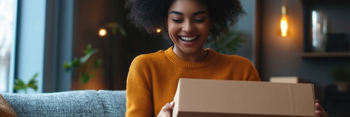 Aufkleber - Excited customer unboxes a package in stylish interior with warm lighting on a cozy afternoon