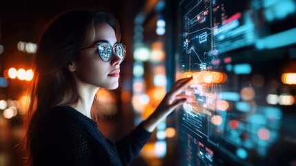 Poster - Woman Interacting with Futuristic Interface at Night