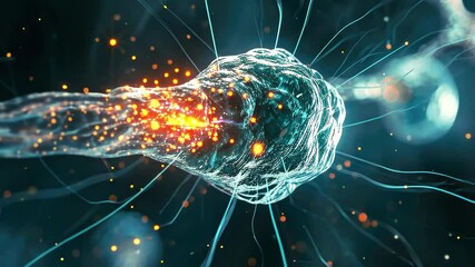 Poster - Dynamic close-up of a neuron with glowing synapses during neural transmission captured in vibrant 4k resolution