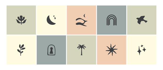 modern boho set of simple minimalist icons. bohemian hand drawn organic and nature design elements f