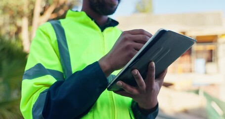Poster - Hands, architect and tablet for inspection of construction planning, site progress and architecture design. Man, digital blueprint and sketch of maintenance, quality control and project information
