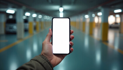 Aufkleber - Hand holds smartphone with blank screen. Parking garage background. Empty white display with copy space for app or website tech, app interface. Navigation, mobile tech.