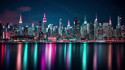 Fototapete - Vibrant city skyline with colorful lights reflecting on calm water in New York during nighttime