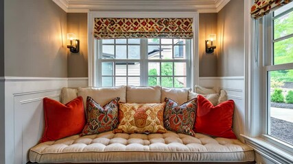 Poster - Cozy window nook with decorative pillows and natural light in a modern living space captured in 4k